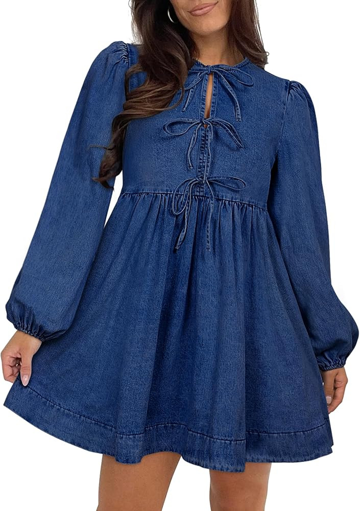 Qazel Vorrlon Denim Dress for Women Puff Short Sleeve Babydoll Jean Romper Pockets Summer Casual ... | Amazon (US)