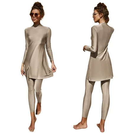 IBTOM CASTLE Women Muslim Swimsuits Modest Burkini Swimwear Islamic Long Sleeve Full Cover Swim Top Leggings Pants Bathing Suits XL Apricot & Split | Walmart (US)