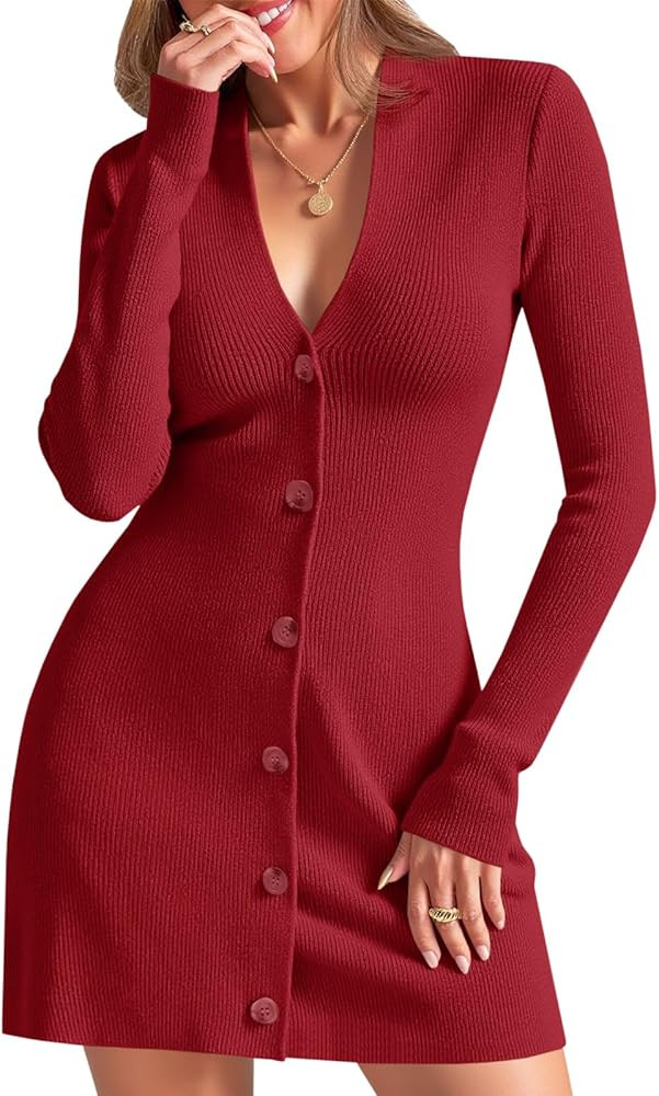 Wenrine Womens Deep V Neck Sweater Dress Sexy Knit Button Down Long Sleeve A Line Fall Mini Dress... | Amazon (US)