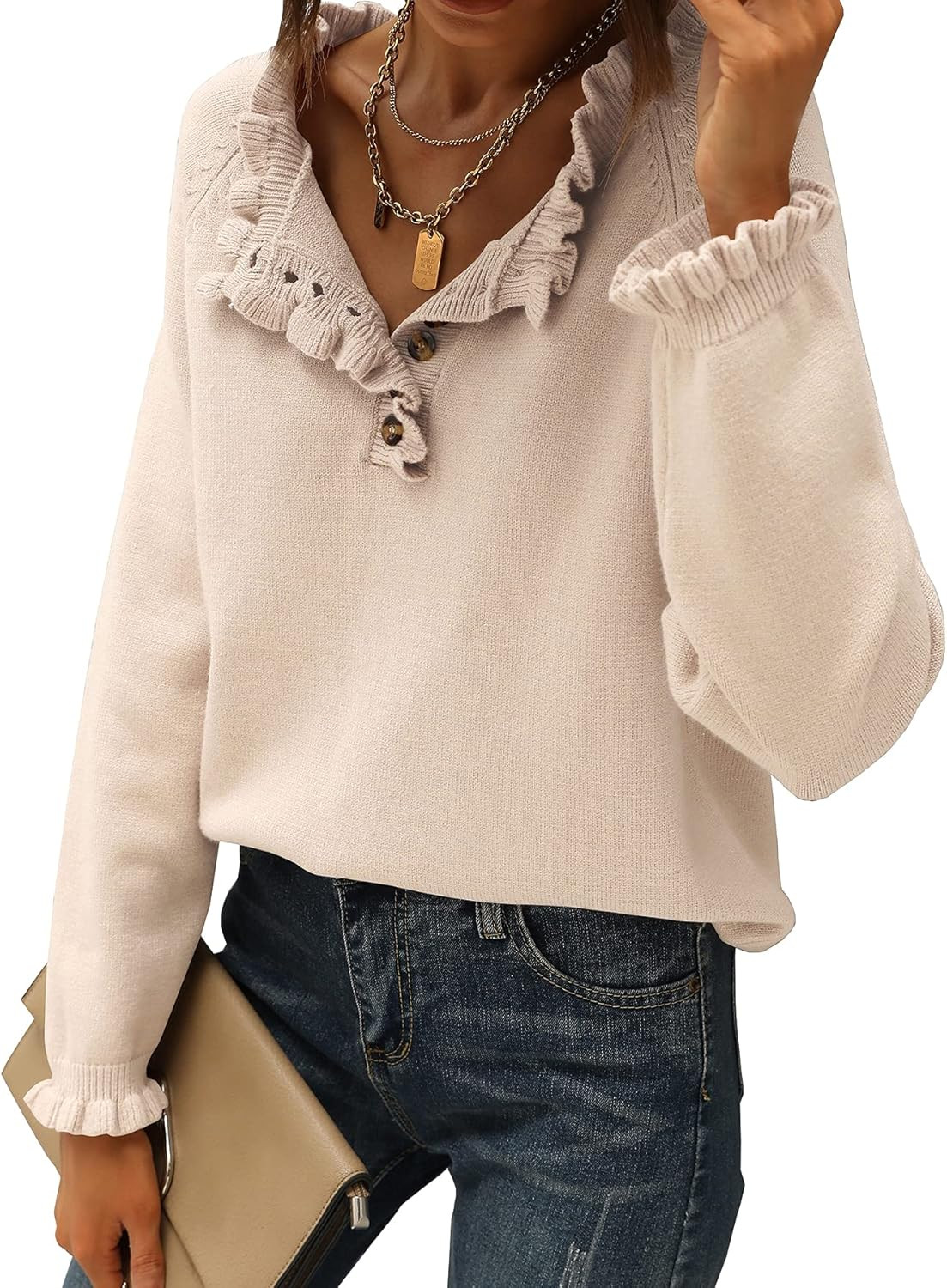 BTFBM Women's Sweaters Casual Long Sleeve Button Down Crew Neck Ruffle Knit Pullover Sweater Tops... | Amazon (US)