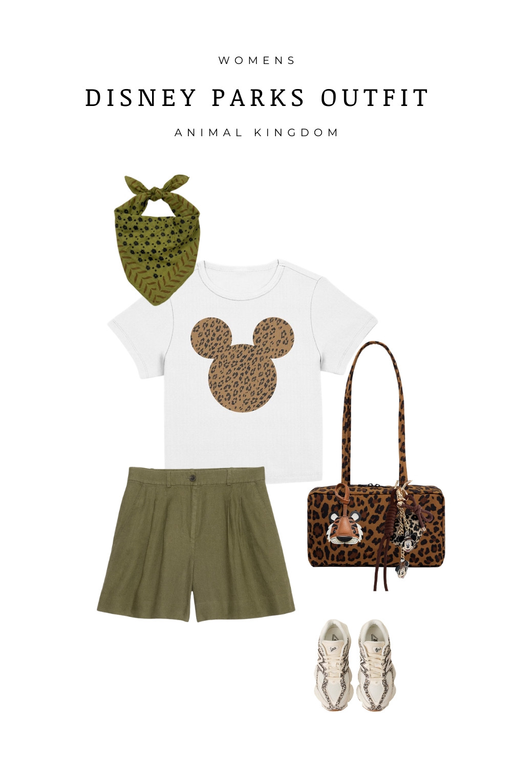 Disney Animal Kingdom outfit idea featuring a safari inspired Mickey Mouse tee, olive green shorts, leopard print bag, neutral sneakers, and a green bandana. A comfortable and stylish Disney parks outfit perfect for walking around Animal Kingdom, Disney vacations, or a Disney World trip. Cute safari style Disney outfit for women.