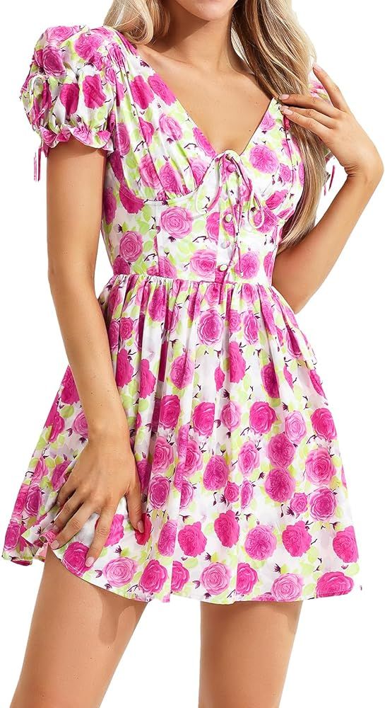 Jardinvue Women's V Neck Floral Dress Casual Dress Long Sleeve Dress Puff Sleeve Dress A Line Dre... | Amazon (US)