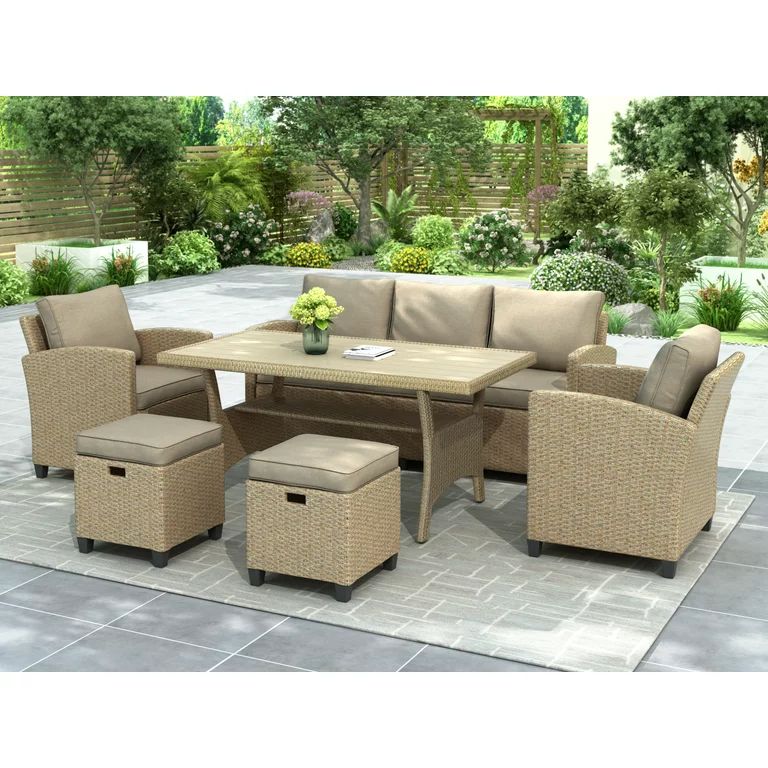 6 Piece Outdoor Wicker Set, Rattan Wicker Patio Furniture with 3-Seat Sofa, Wicker Chairs, Stools... | Walmart (US)