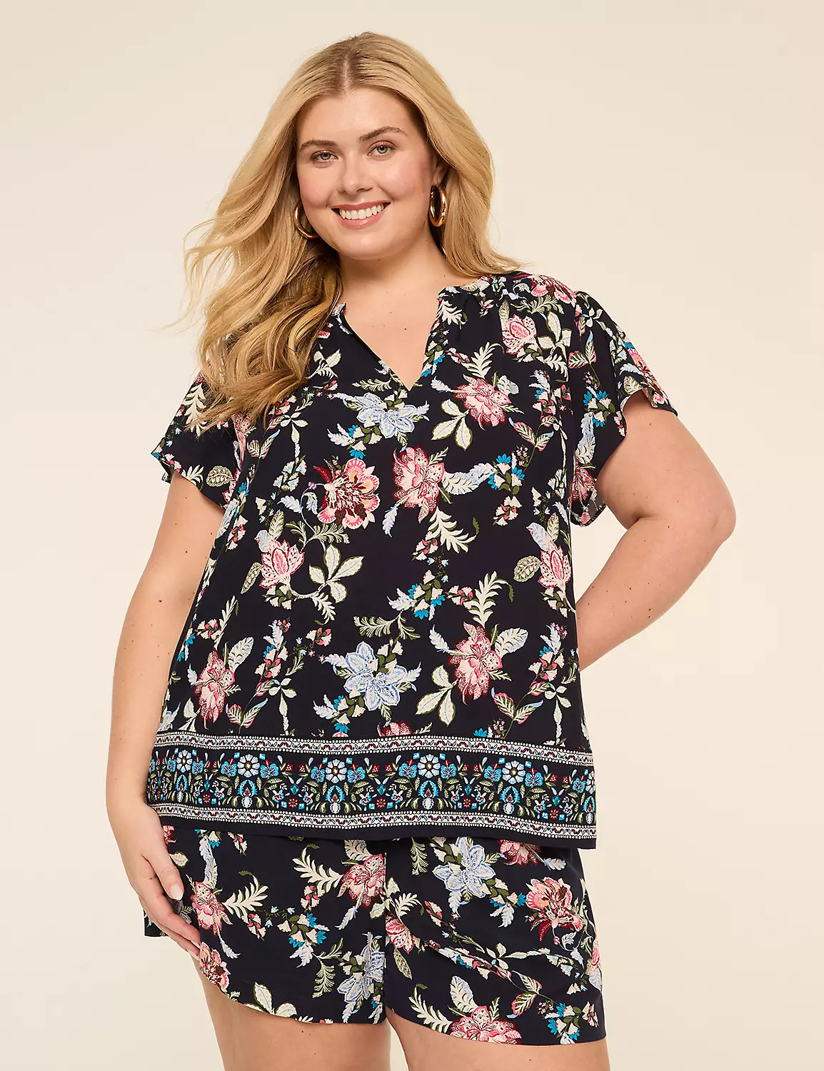 Flutter-Sleeve Split-Neck Popover Blouse | LaneBryant | Lane Bryant (US)