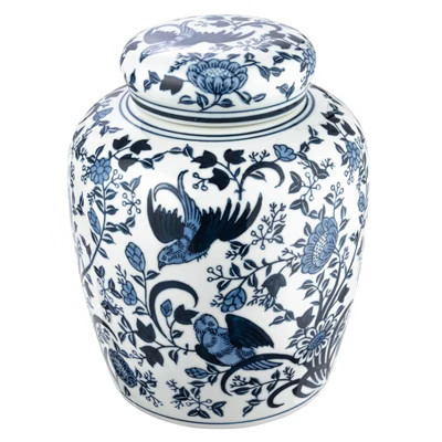 Storied Home Decorative Bird Ceramic Ginger Jar with Lid, Blue and White | Target