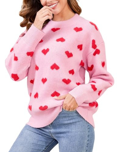 Gihuo Heart Sweater for Women Cute Kawaii Casual Crewneck Long Sleeve Knitted Pullover Sweaters(Rosered-S) | Amazon (US)