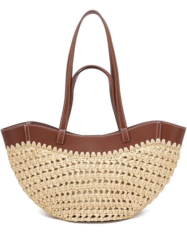 Straw Tote Bag for Women, Woven Summer Beach Bag with Leather Trim & Double Straps, Handmade Mesh... | Amazon (US)