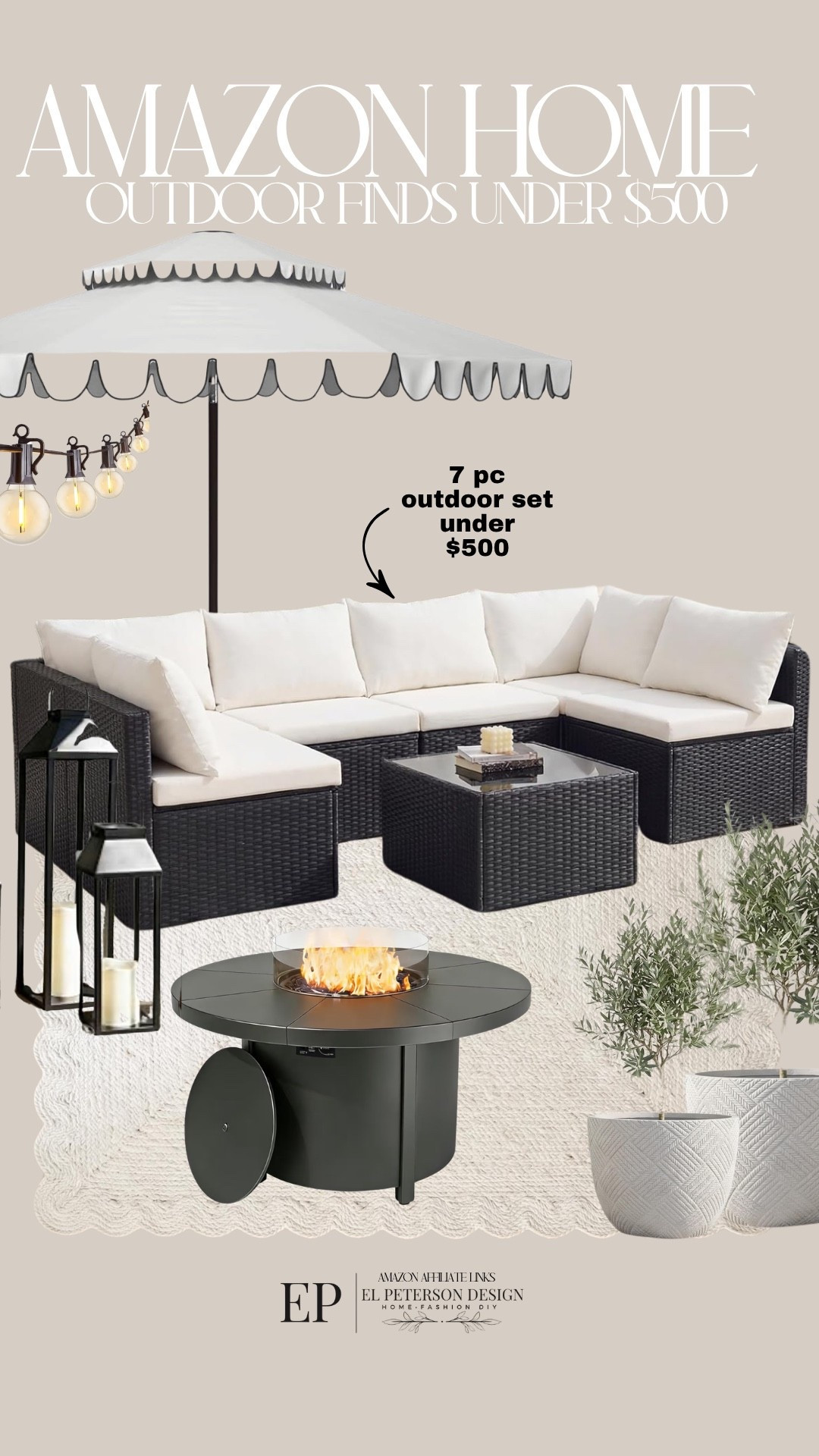 Amazon 
7 pc outdoor set
Rug
String Lights
Planters
Fire pit
Floor lantern

#LTKHome