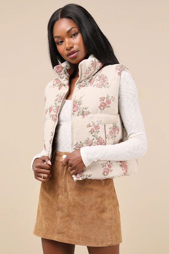 Darling Forecast Beige Jacquard Floral Puffer Vest | Lulus