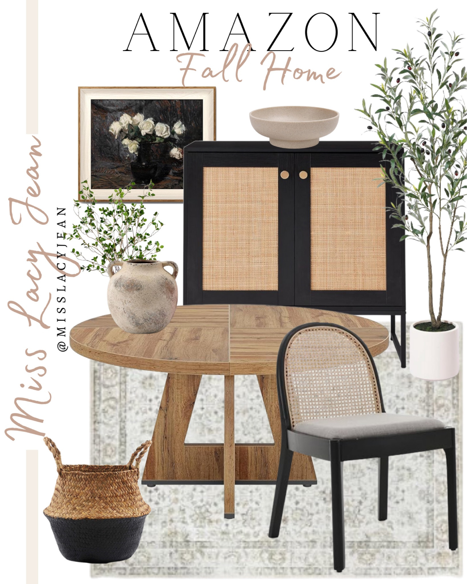 Amazon fall home includes table, kitchen chairs, area rug, basket, small cabinet, faux tree, vase, faux stems, wall art, decorative bowl.

Home decor, kitchen decor, dining room, styled home

#LTKFindsUnder50 #LTKHome #LTKStyleTip