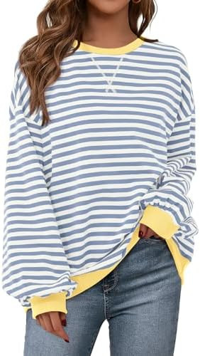 PRETTYGARDEN Womens Striped Oversized Sweatshirt Color Block Crew Neck Long Sleeve Casual Loose P... | Amazon (US)