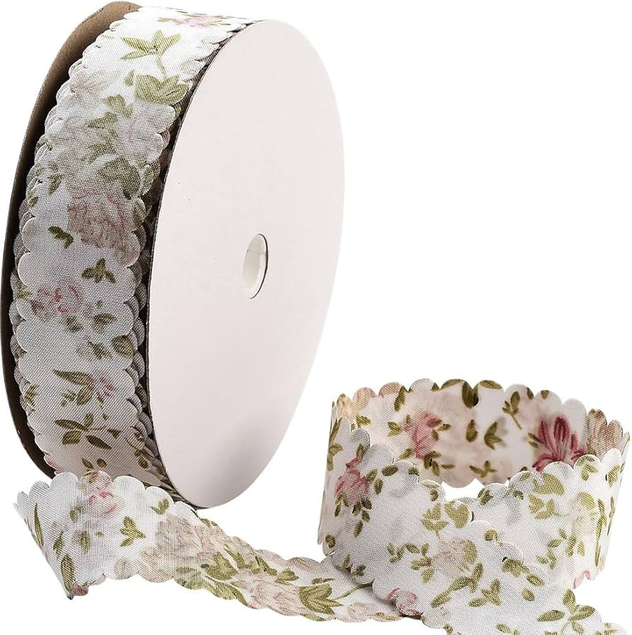20 Yards Flower Print Ribbon White Spring Summer Floral Pattern Polyester Ribbon Vintage Wavy Edg... | Amazon (US)