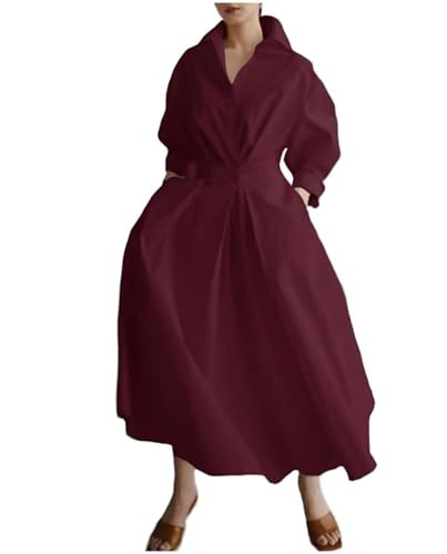 Bengbobar Burgundy Cotton Linen Shirt Dress for Womens Burgundy Pleated Button Down Long Dresses Burgundy Button Down Long Sleeve Casual Loose V-Neck A-line Swing Dress with Pockets,Burgundy,Small | Amazon (US)