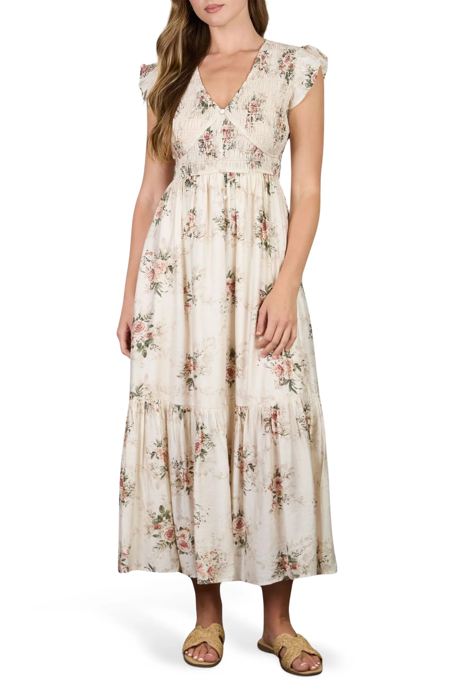 AUGUST SKY Floral Smocked Midi Dress | Nordstromrack | Nordstrom Rack