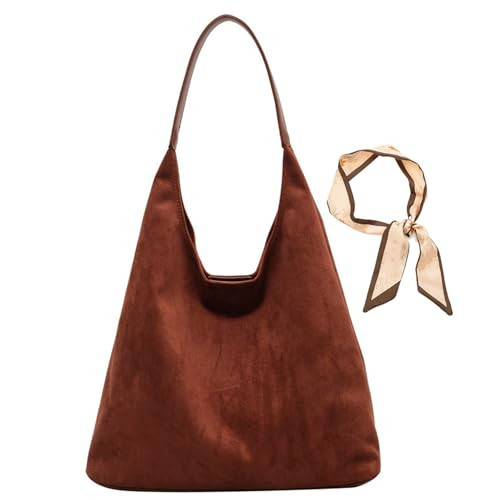Brown Suede Bag Leather Hobo Bags Slouchy Bag Satchels Crossbody Purse Suede Tote Bag for Women (Brown,14.2 * 12.2 * 5.1 in) | Amazon (US)