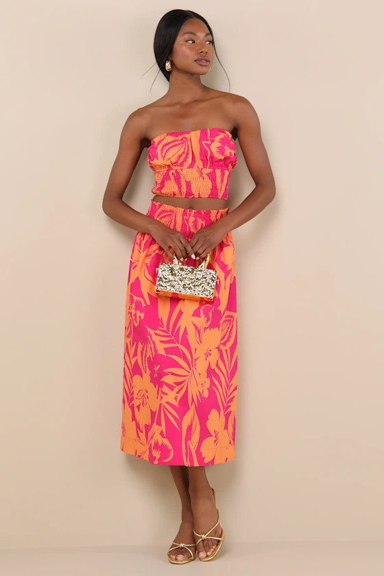 Luana Pink and Orange Floral High-Rise Midi Skirt | Lulus
