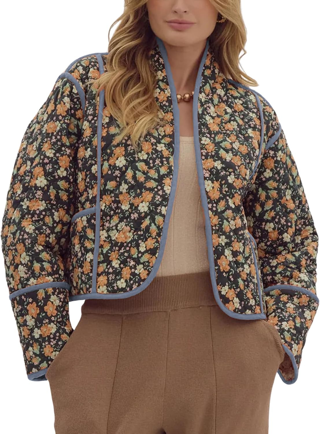 Womens Reversible Floral Quilted Jacket Crop Open Front Puffer Coat | Amazon (US)
