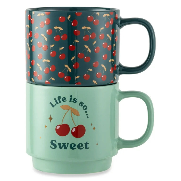 Thyme & Table 2 Pack Stacking Life is Sweet and Cherries Green Mugs 14.2 fl oz, Stoneware | Walmart (US)