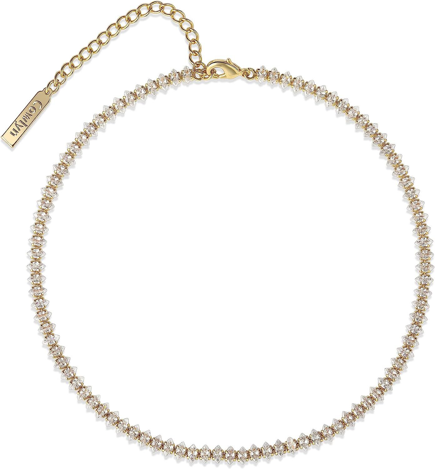 Cowlyn Tennis Choker Necklace Crystal Cubic Zirconia CZ Chain Dainty 14K Gold Silver Plated Diamo... | Amazon (US)