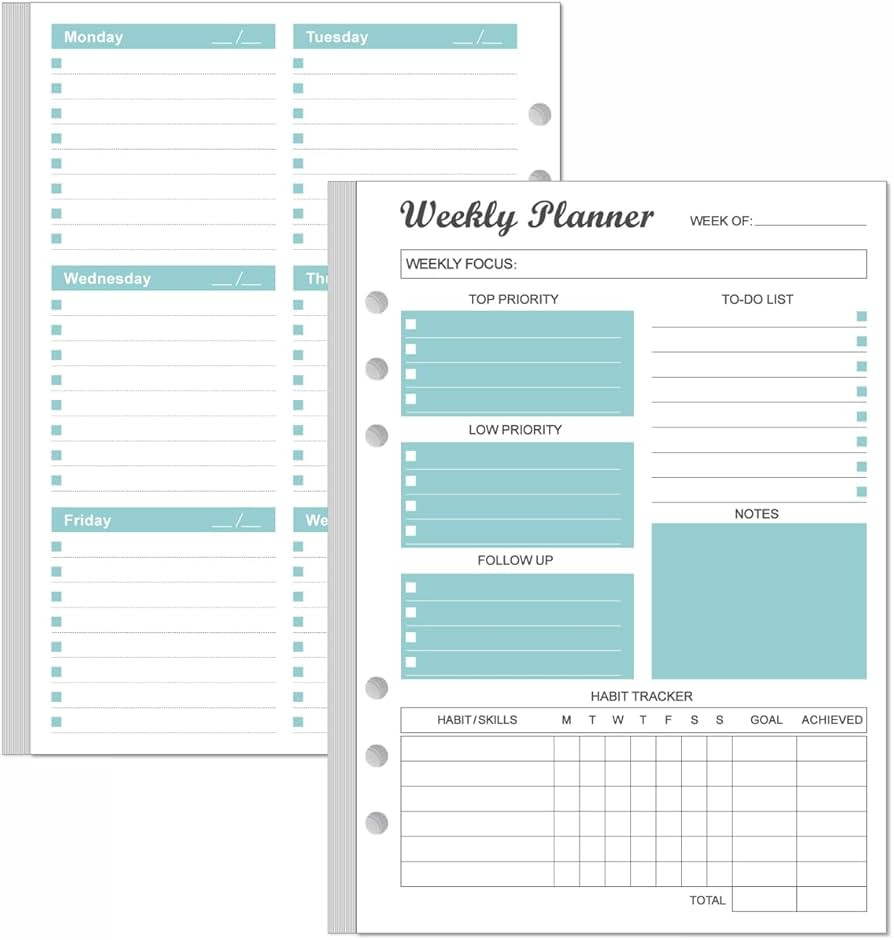 6-Hole Weekly Planner Refills for A5 Binders - 53 Sheets/106 Pages Undated Weekly Planner, 100 gs... | Amazon (US)