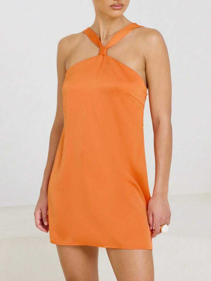 AiiRZ Halter Neck Mini Dress Satin Cocktail Party Summer Sleeveless A-Line Dress Wedding Guest Special Occasion Beach Resort Wear Modern Fashion,Summer Dresses For Women | SHEIN