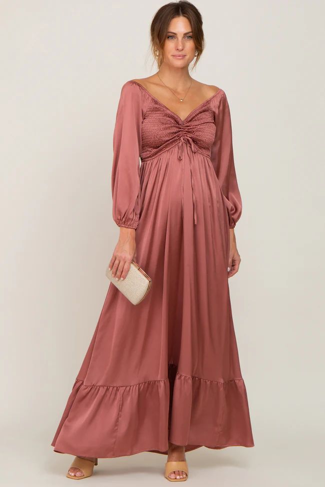 Mauve Smocked Off Shoulder Satin Maxi Dress | PinkBlush Maternity