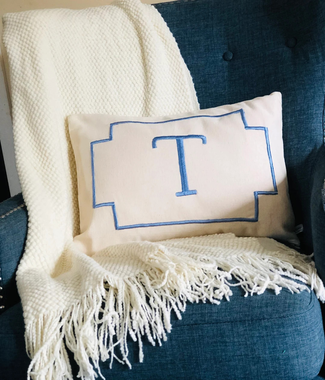 Monogrammed Blue and Ivory Lumbar Pillow, Small Rectangle Lumbar Pillows, Personalized Monogram T... | Etsy (US)