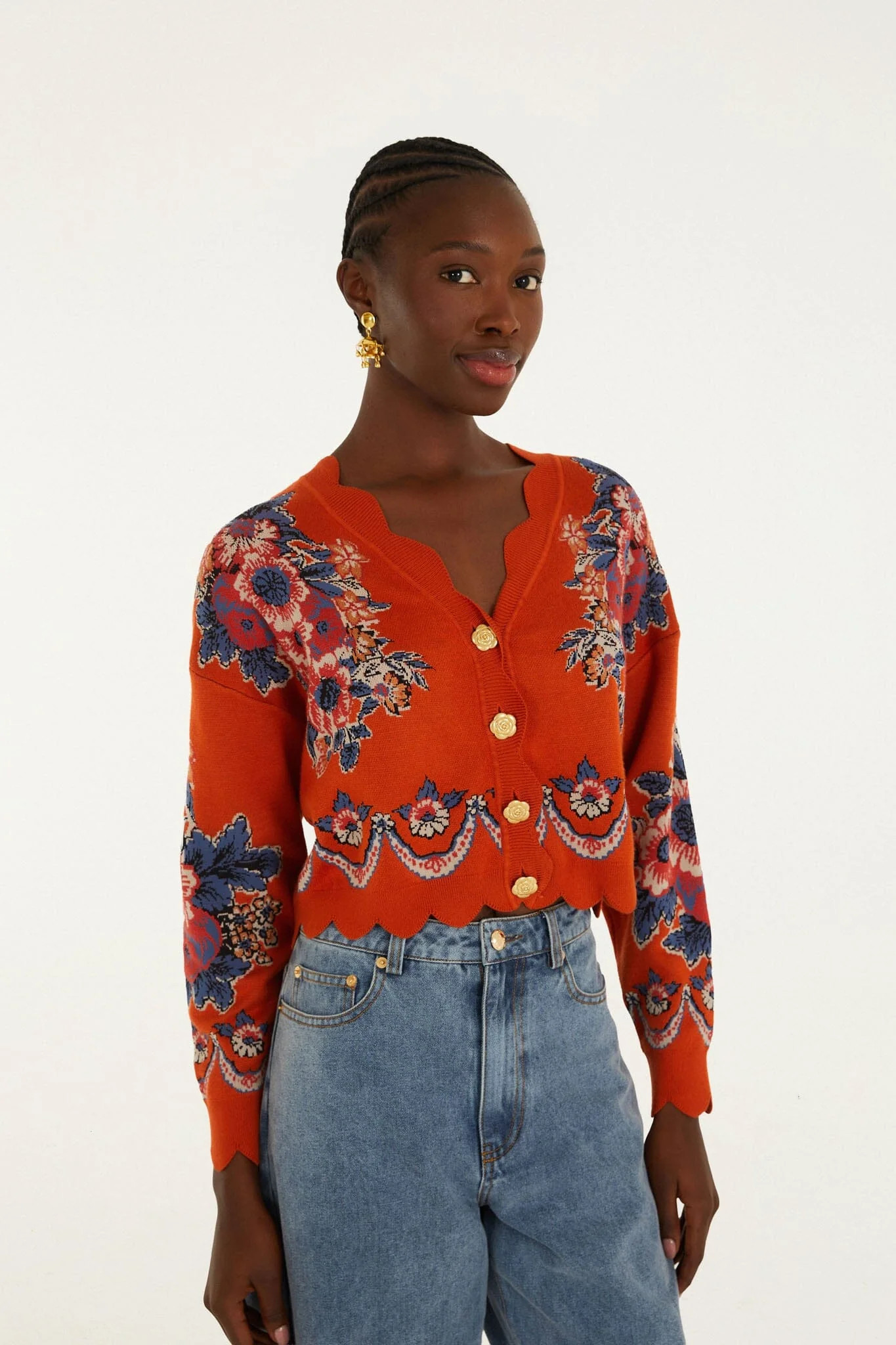 Terracota Victorian Floral Buttoned Knit Cardigan | Farm Rio UK