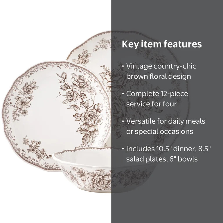 The Pioneer Woman Agatha 12-Piece Stoneware Dinnerware Set, Brown | Walmart (US)