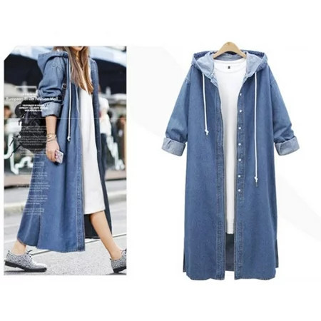 50% Off Clear!Lokdsa denim jackets for women Clearance Women Hooded Casual Long Sleeve Denim Jacket Long Jean Coat Outwear Overcoat | Walmart (US)