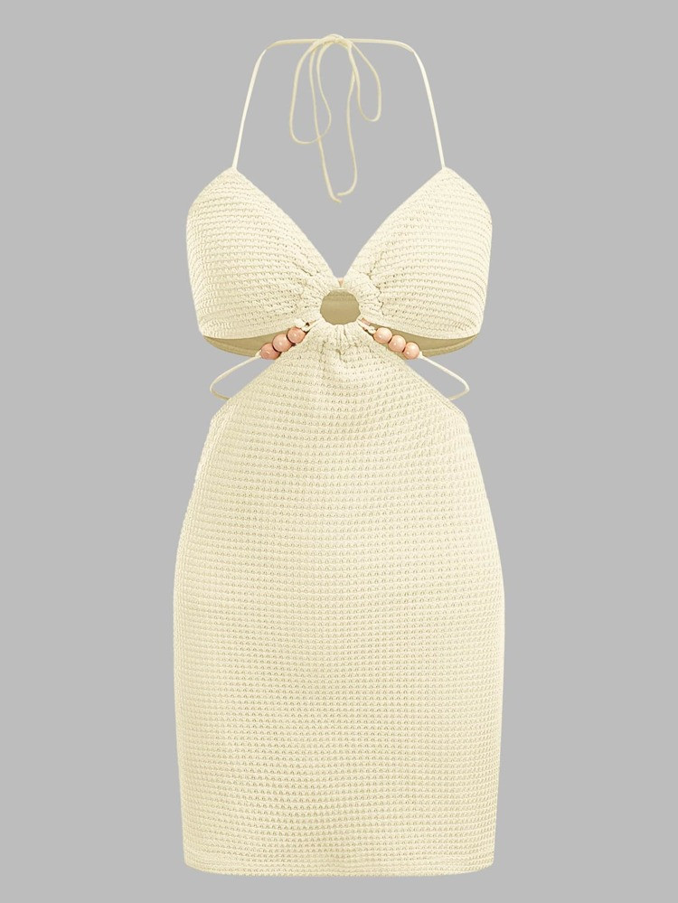 SHEIN ICON Ring Linked Bead Detail Tassel Tie Backless Halter Dress | SHEIN