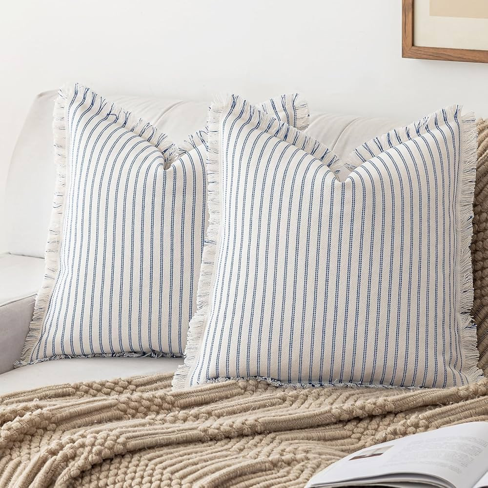 Striped Farmhouse Throw Pillow Covers 20X20 Set of 2 Boho Pillow Cover with Fringe Tassel Chic Co... | Amazon (US)