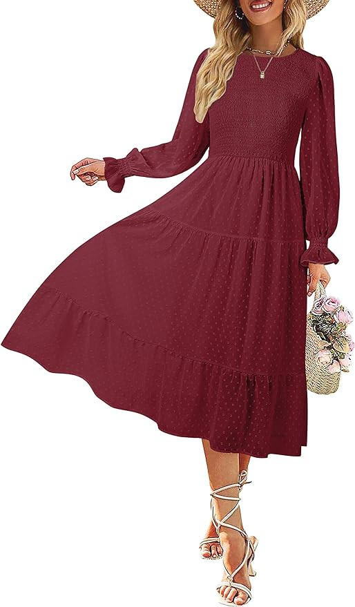 MEROKEETY Women's Casual Long Sleeve Smocked Dress Crewneck Swiss Dot Flowy Tiered Midi Dress | Amazon (US)