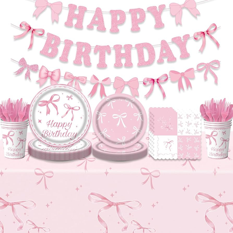 171Pcs Pink Bow Birthday Party Supplies Pink Bow Plates,Banner,Tabelcloth,Cups,Knives,Spoons,Fork... | Amazon (US)