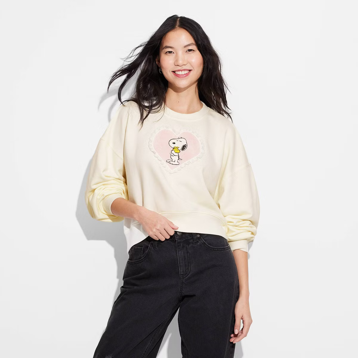 Women's Valentine's Day Snoopy and Woodstock Heart Graphic Sweatshirt - Off-White XS | Target