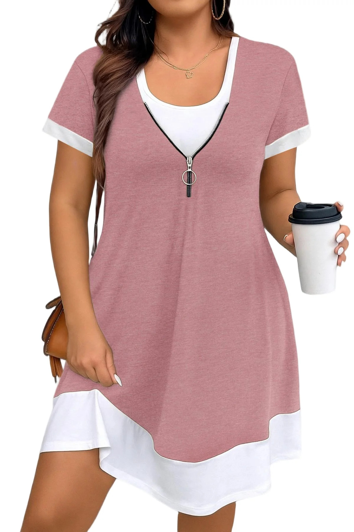 Cuteduck Women's Plus Summer Dress Short Sleeve U-Neck Color Block Tiered Half-Zipper Casual Frock 1X-5X | Walmart (US)