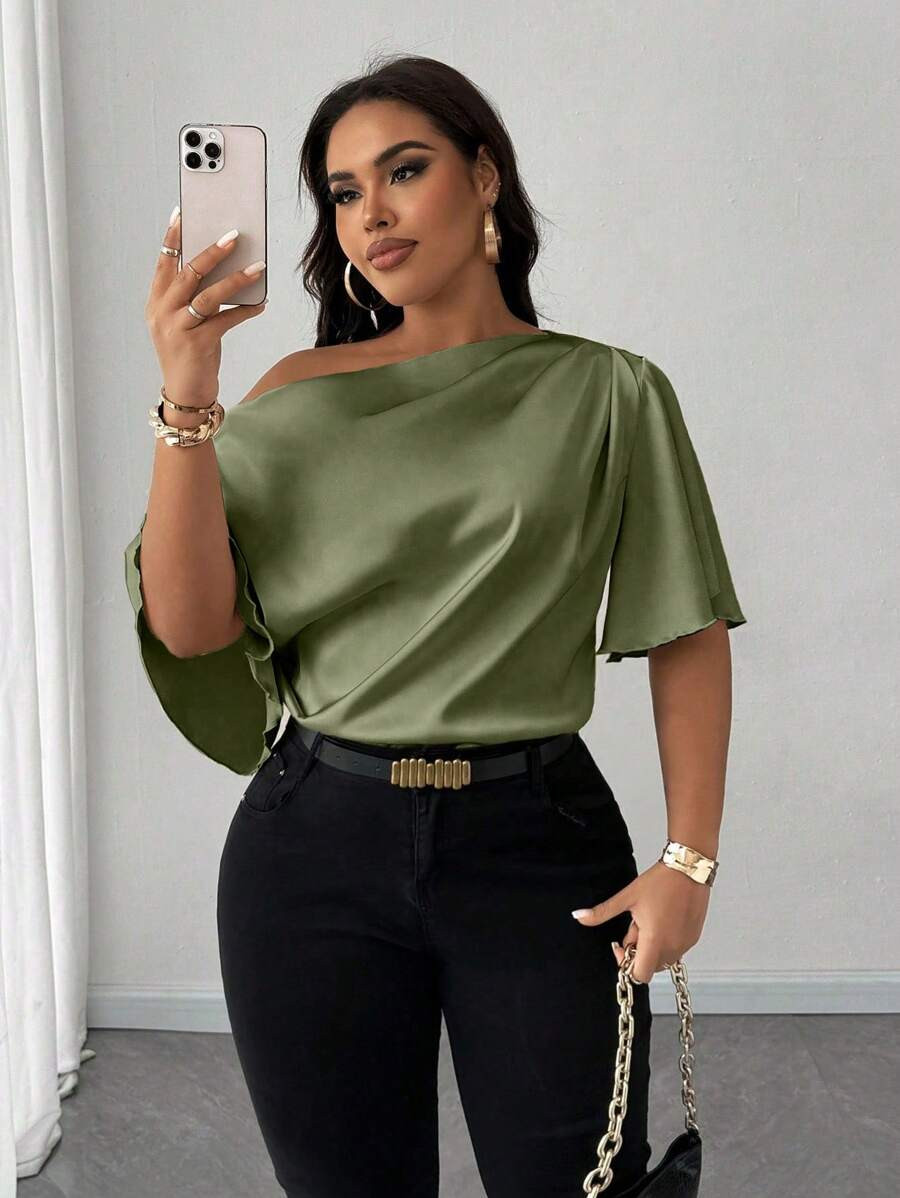 Maweii Plus Size Women's Sexy One Shoulder Ruffled Short Sleeve Elegant Everyday Casual Summer Of... | SHEIN