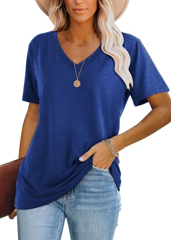 WIHOLL Womens T Shirts Short Sleeve V Neck Plain Summer Tops | Amazon (US)