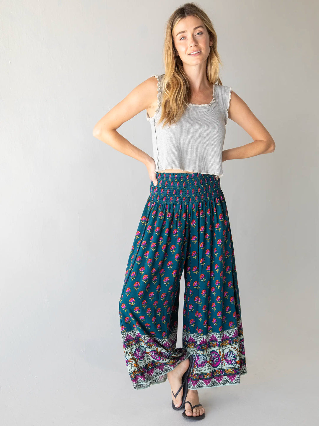 Make A Move Wide-Leg Palazzo Pant - Navy Pink Roses Border | Natural Life