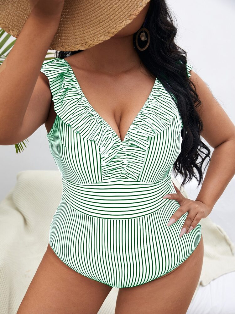 Plus Striped Ruffle Trim One Piece Swimsuit | SHEIN