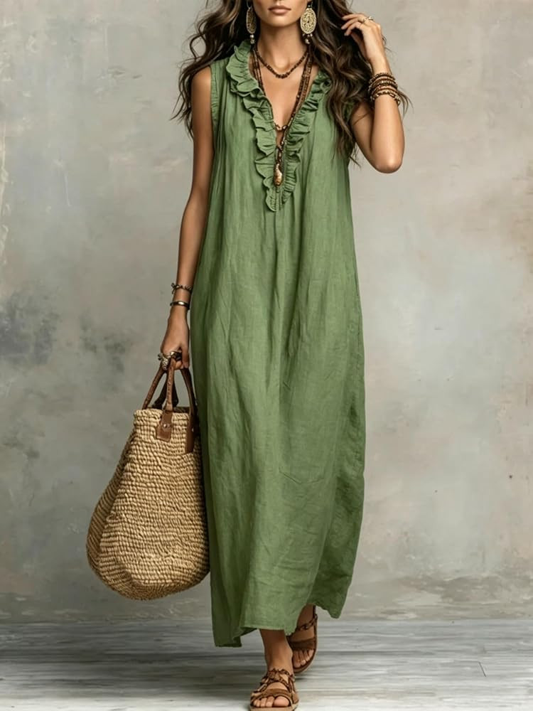 Women's Maxi Dress Boho V Neck Ruffle Cap Sleeve Casual Loose Long Dress with Pockets Summer Beac... | Amazon (US)