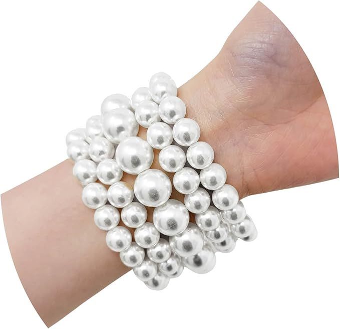 Amazon.com: BA UNIQUE FASHION Women's Simulated Pearl Stretch Bracelet 5 PCS Set (White): Clothin... | Amazon (US)