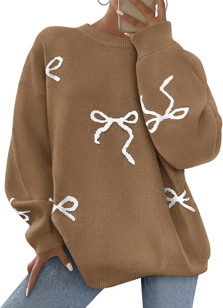 PRETTYGARDEN Fall Long Sleeve Pullover Sweaters for Women 2026 Trendy Crewneck Casual Cute Bow Ch... | Amazon (US)
