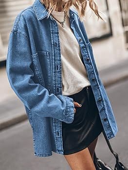 PLNOTME Womens Oversized Jean Jacket Casual Button Up Denim Overshirt Trendy Long Sleeve Denim Ja... | Amazon (US)