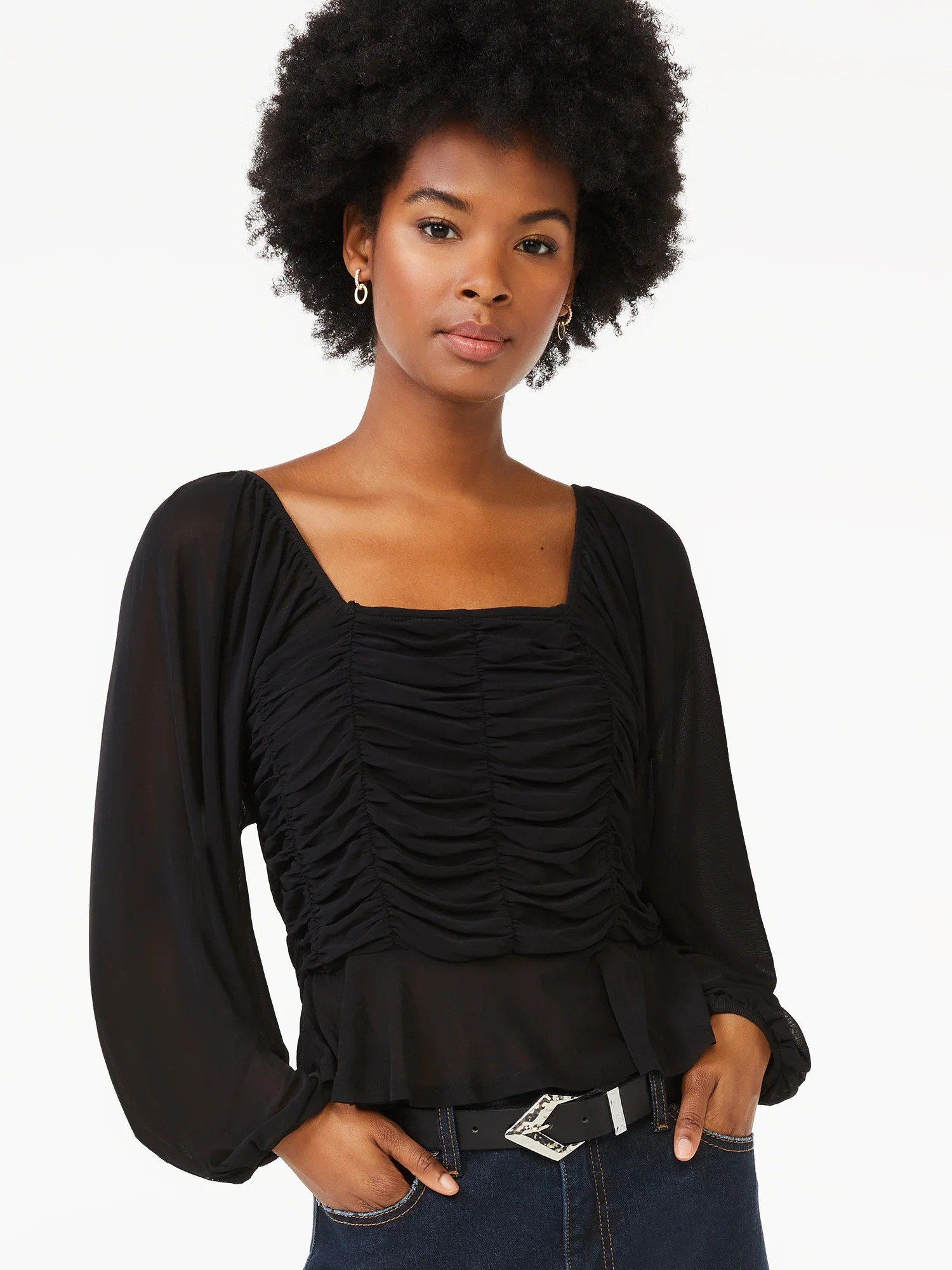 Scoop Women's Square Neck Mesh Top with Blouson Sleeves - Walmart.com | Walmart (US)