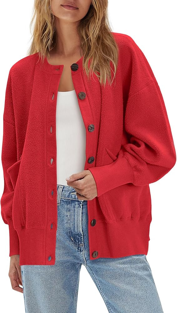 ReachMe Womens Fall Oversized Sweatshirt Cardigan Button up Lightweight Cardigan Long Sleeve Open... | Amazon (US)