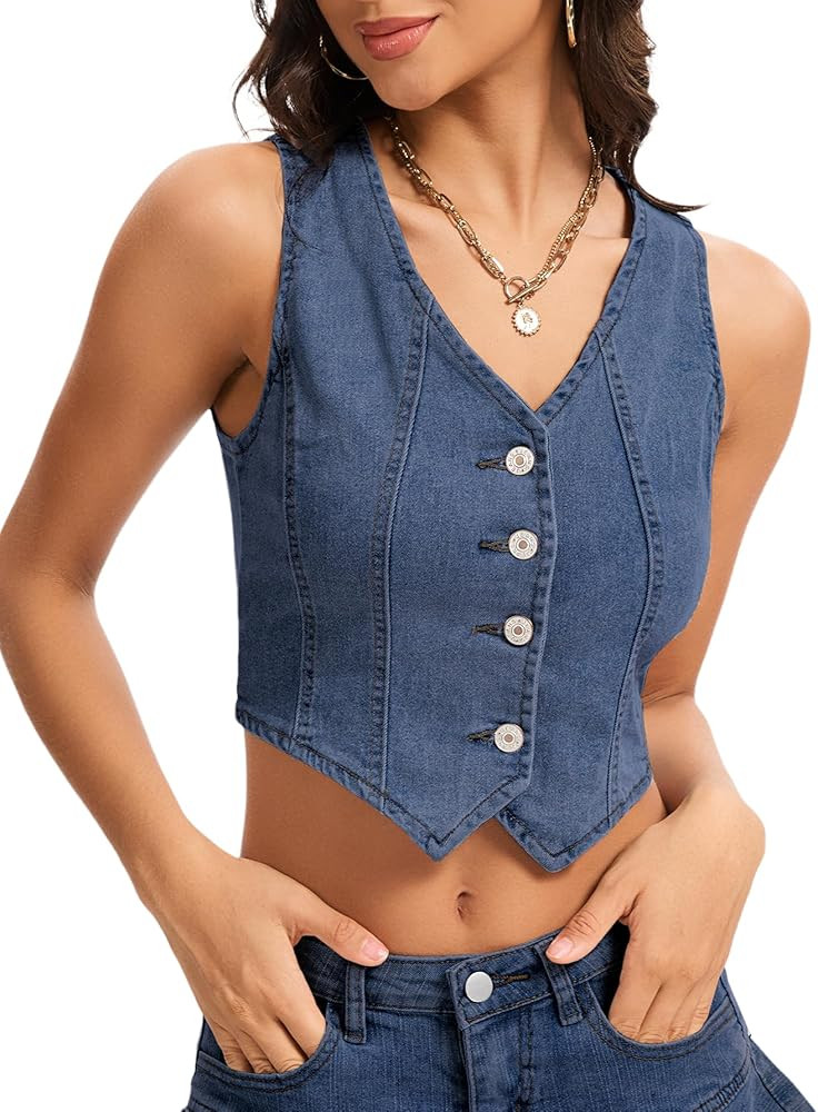 Womens Denim Vest Sleeveless Jean Vest Top for Women Denim Waistcoat Country Concert Tops | Amazon (US)