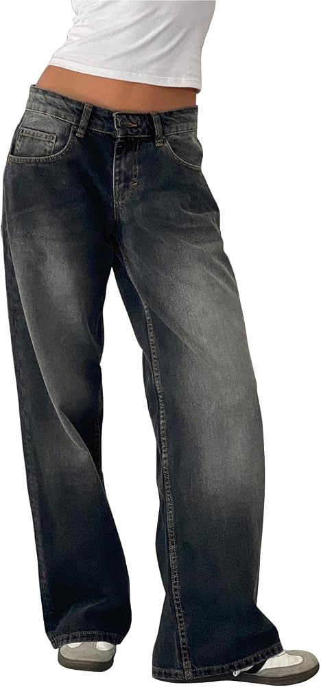 Women Y2k Low Rise Baggy Jeans Loose Fit Boyfriend Straight Wide Leg Jeans Trendy Stretch Long De... | Amazon (US)
