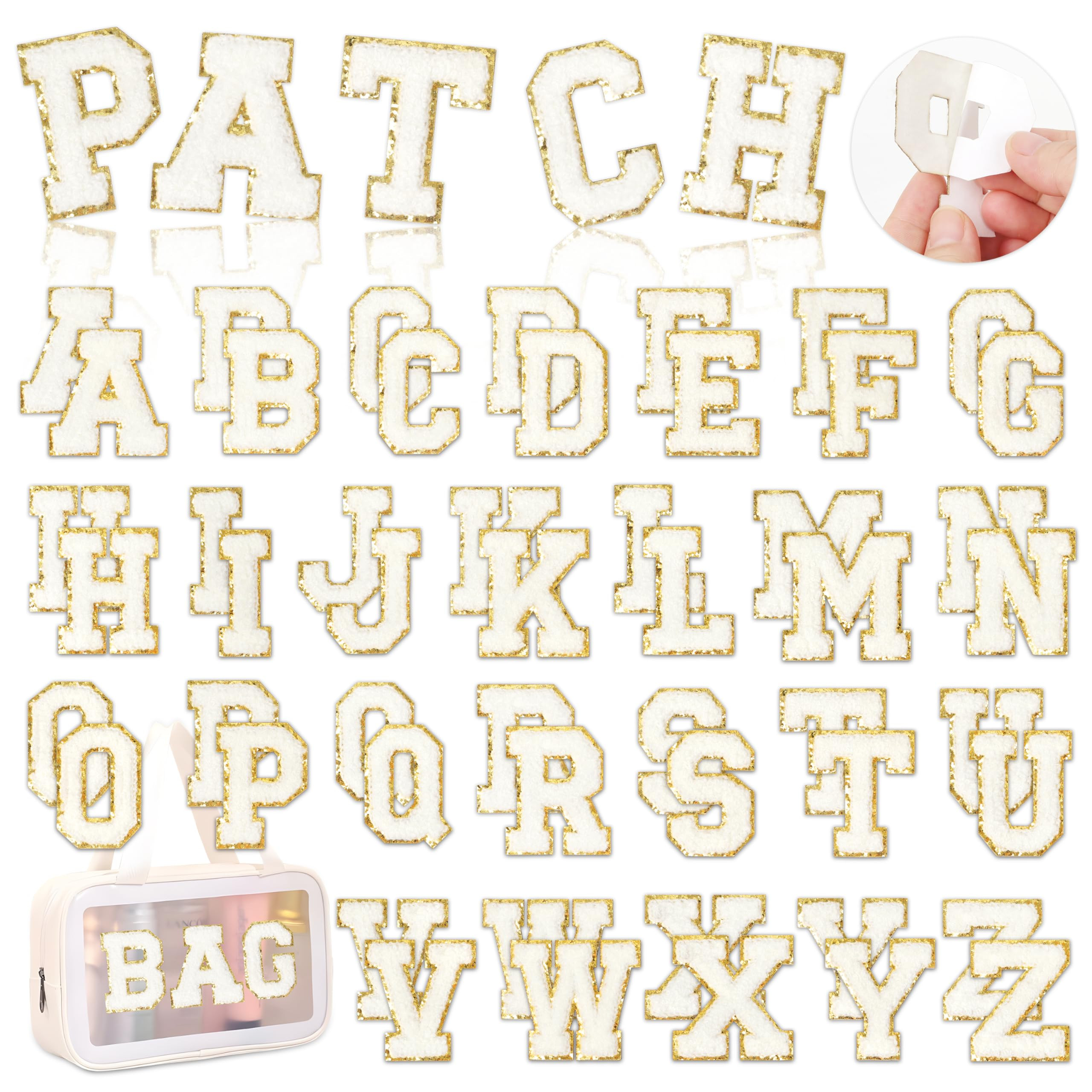 White Chenille Letters Self-Adhesive Patches: KINGSOW 52PCS Self Adhesive Varsity Iron on Letter ... | Amazon (US)
