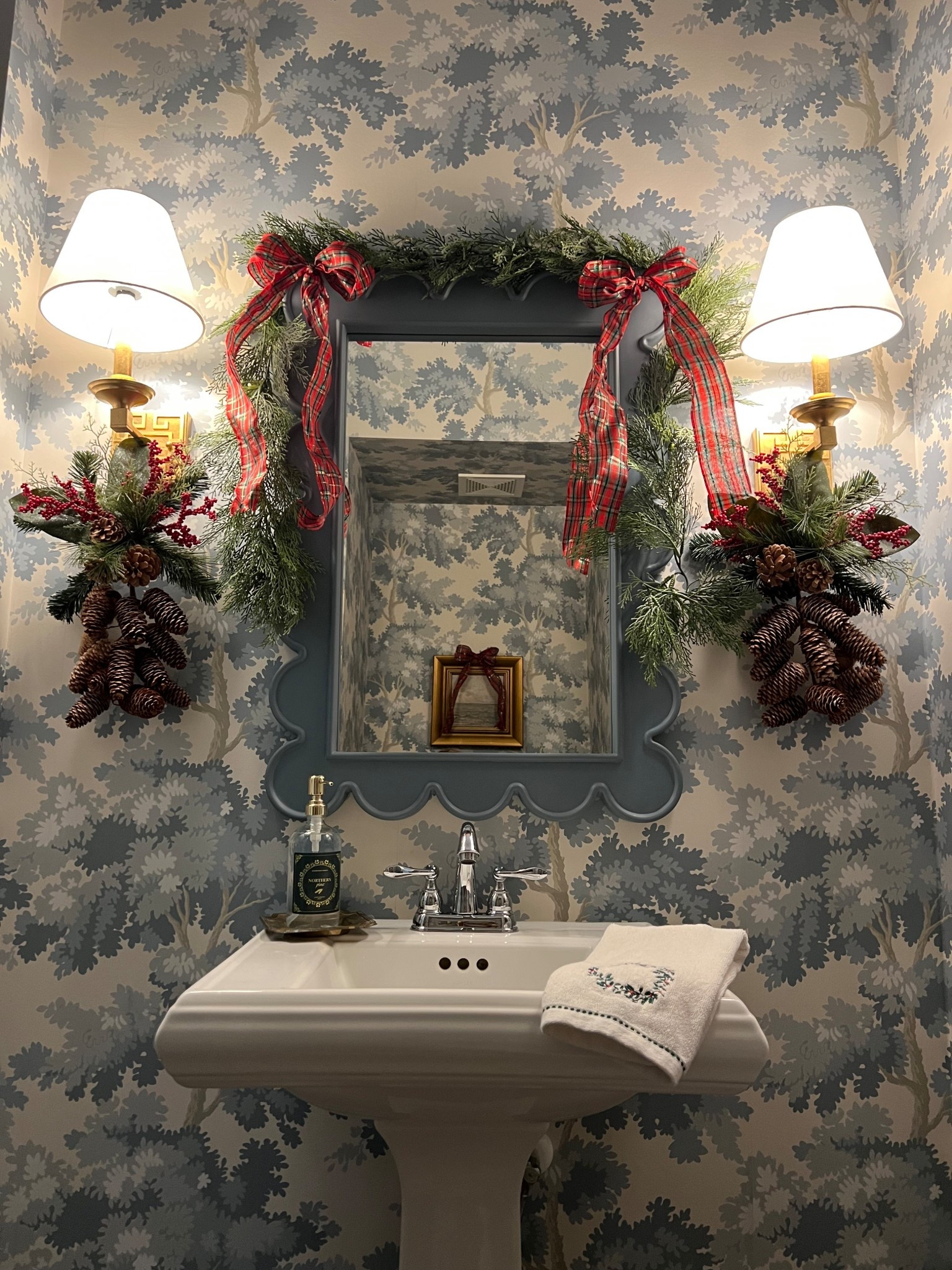 Bathroom
Christmas decor blue and white wallpaper gold sconce blue mirror bathroom mirror 

#LTKHome #LTKSaleAlert #LTKHoliday